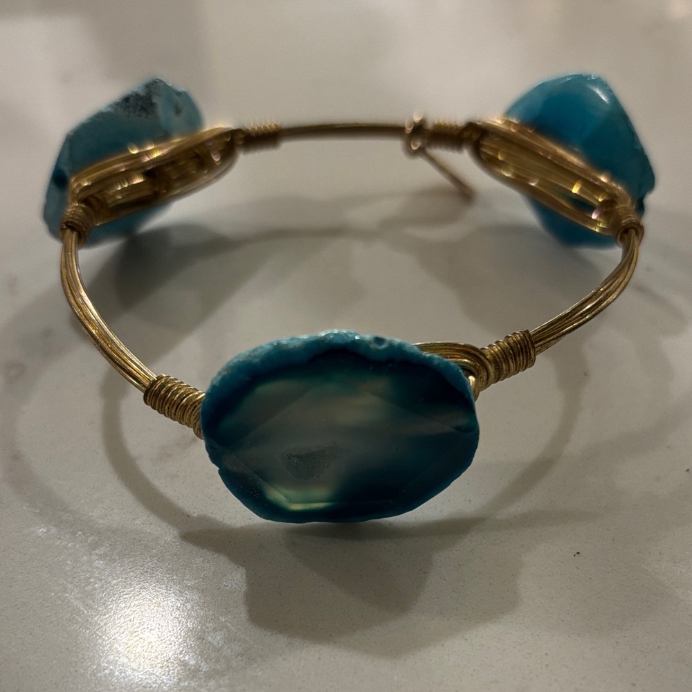 Turquoise Agate Stone Bangle Bracelet - Gold Tone